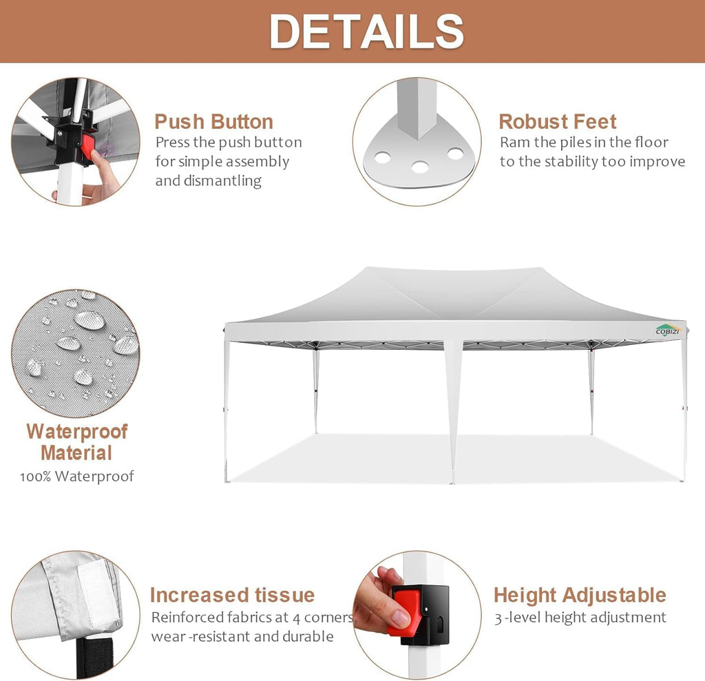 COBIZI 10x20 Pop Up Canopy Tent with Sidewalls,Party Tent Outdoor Gazebos, Waterproof & UV50+,3 Adjustable Heights,Higher Frame Design - Extra Tall for Parties Backyard,Weddings,Markets, White
