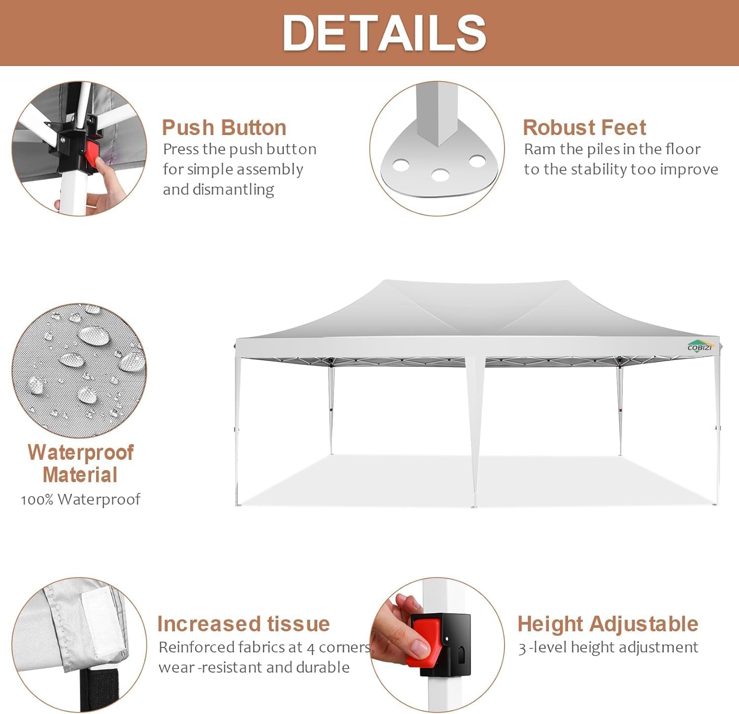 COBIZI 10x20 Pop Up Canopy Tent with Sidewalls,Party Tent Outdoor Gazebos, Waterproof & UV50+,3 Adjustable Heights,Higher Frame Design - Extra Tall for Parties Backyard,Weddings,Markets, White