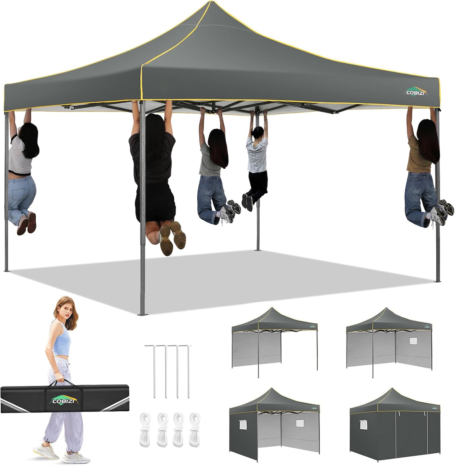 COBIZI 10x10 Pop Up Heavy Duty Canopy Tent with 4 Sidewalls, Easy Setup Outdoor Commercial Instant Tent for Parties Events Canopy with Portable Bag, Waterproof & UPF50+ (Gray)