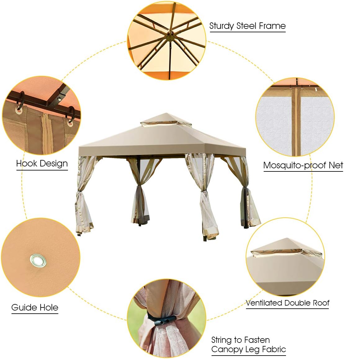 Tangkula 2-Tier 10x10Feet Patio Gazebo, Outdoor Patio Fully Enclosed Gazebo Canopy Tent w/Netting, Outdoor Gazebo Canopy Shelter for Backyard, Garden, Deck
