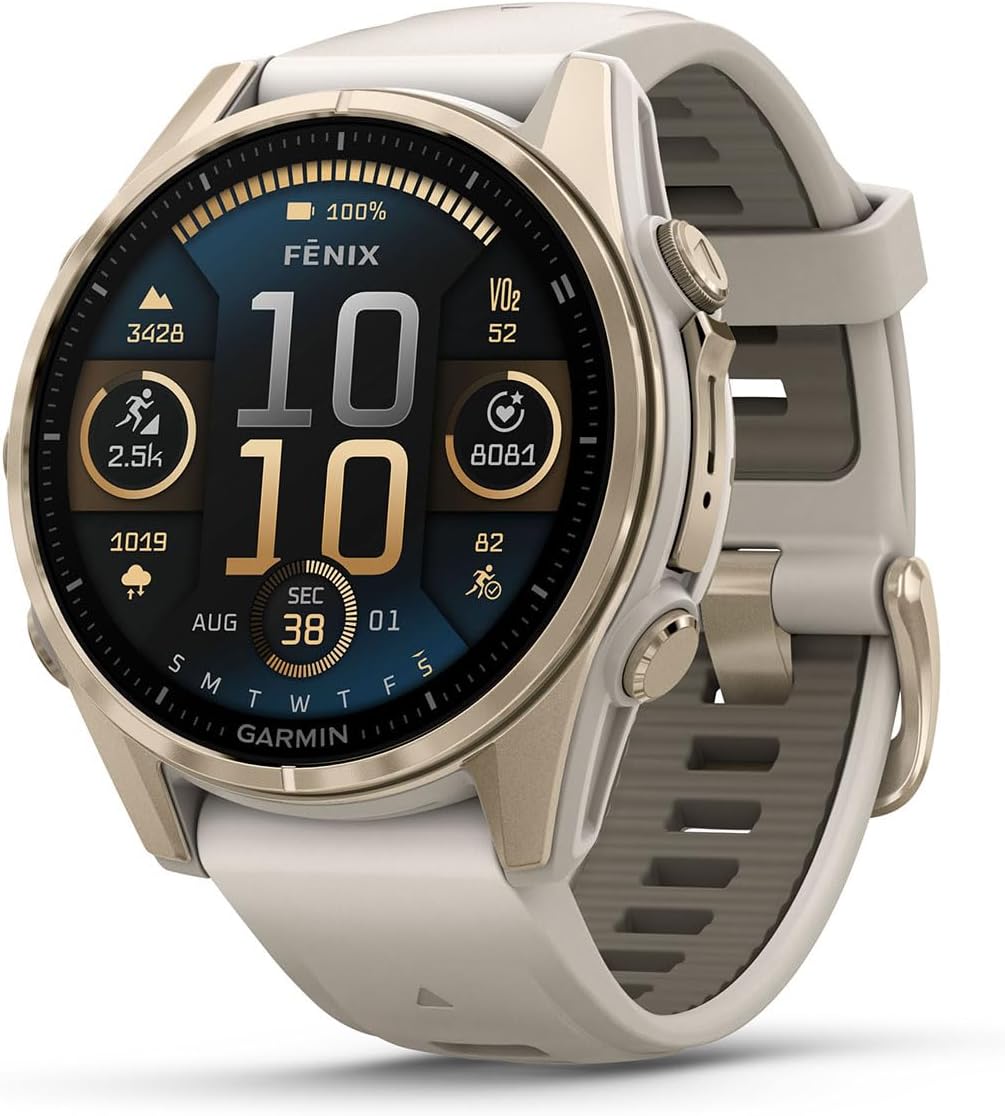 Garmin Fenix 8 AMOLED Sapphire (43mm, Soft Gold/Dark Sandstone) Multisport GPS Smartwatch Gift Box Bundle - 1.3' Touchscreen, Built-in LED Flashlight with PlayBetter Charger, Screens, Adapter, Case
