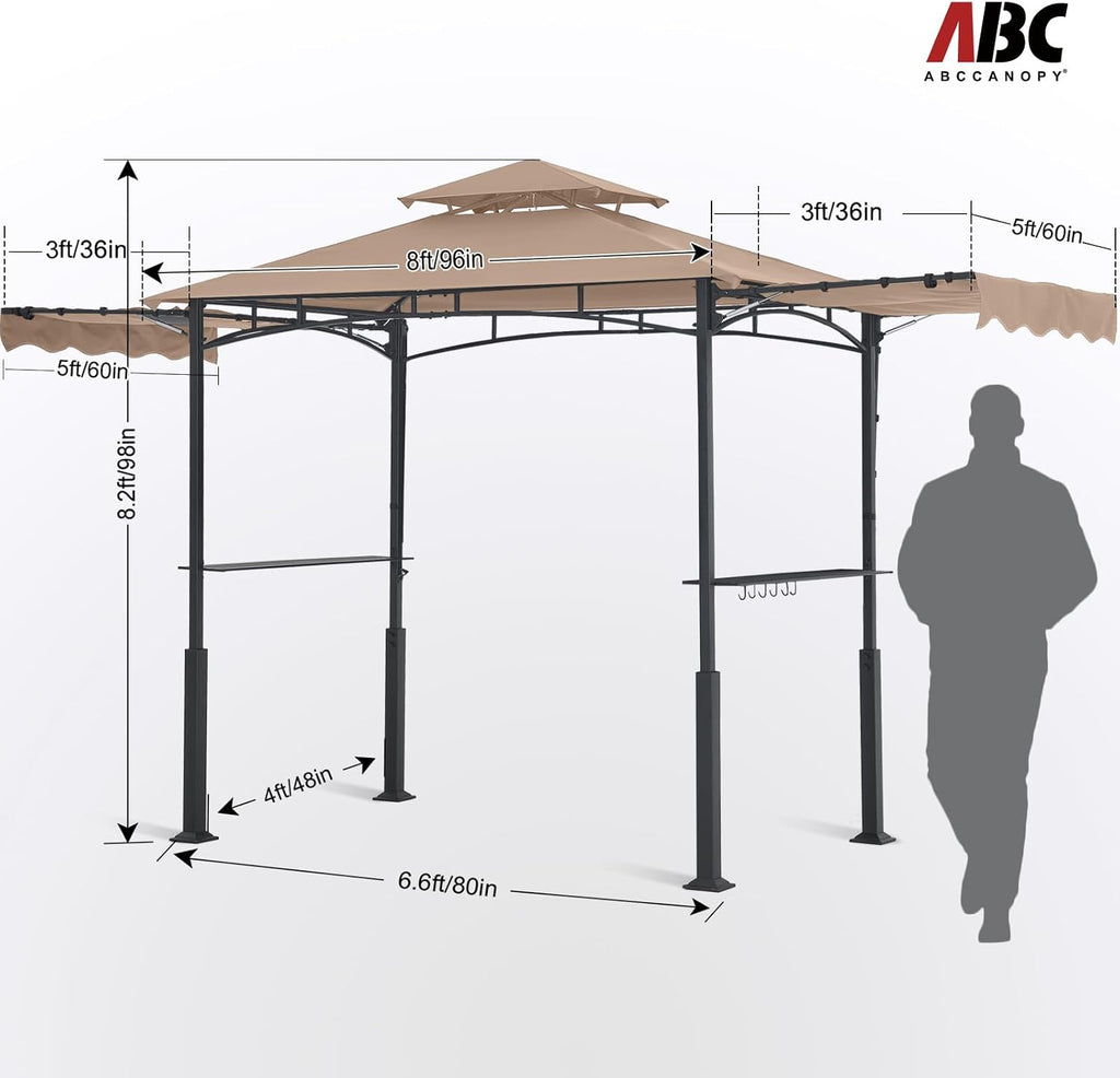 ABCCANOPY Grill Gazebo with 2 Side Awnings - 14x5 Outdoor BBQ Canopy Shelter with 2 Led Lights for Patio Backyard Grilling (Khaki)