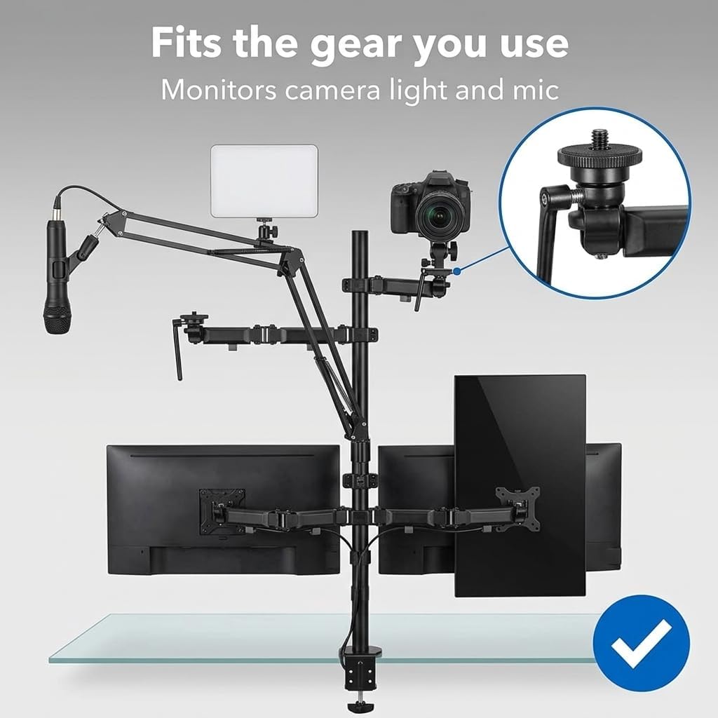 Mount-It! All in One Live Streaming Equipment - 5 Arm Desk Mount - Holds Dual Monitors, Cameras, Ring Light with Mic Desktop Stand Set, YouTube Setup for Podcasting, Gaming, Zoom, Clamp/Grommet Base