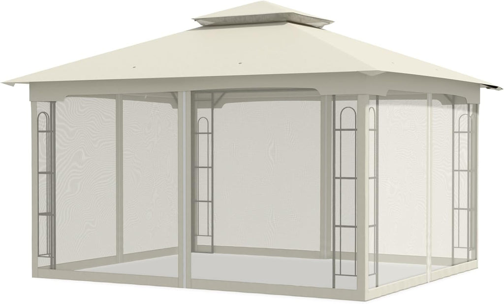 COOS BAY 10x12 Outdoor Patio Gazebo with Netting, Two Tier Water Resistant Canopy for Backyard, Beige