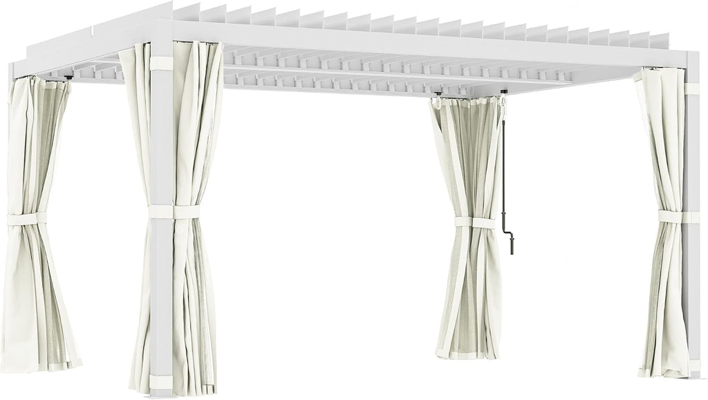 Outsunny 10' x 13' Louvered Pergola Hardtop Gazebo with Adjustable Aluminum Roof and Frame, Outdoor Pergola with Curtains and Netting, for Garden, Lawn, Backyard, and Deck, Cream White