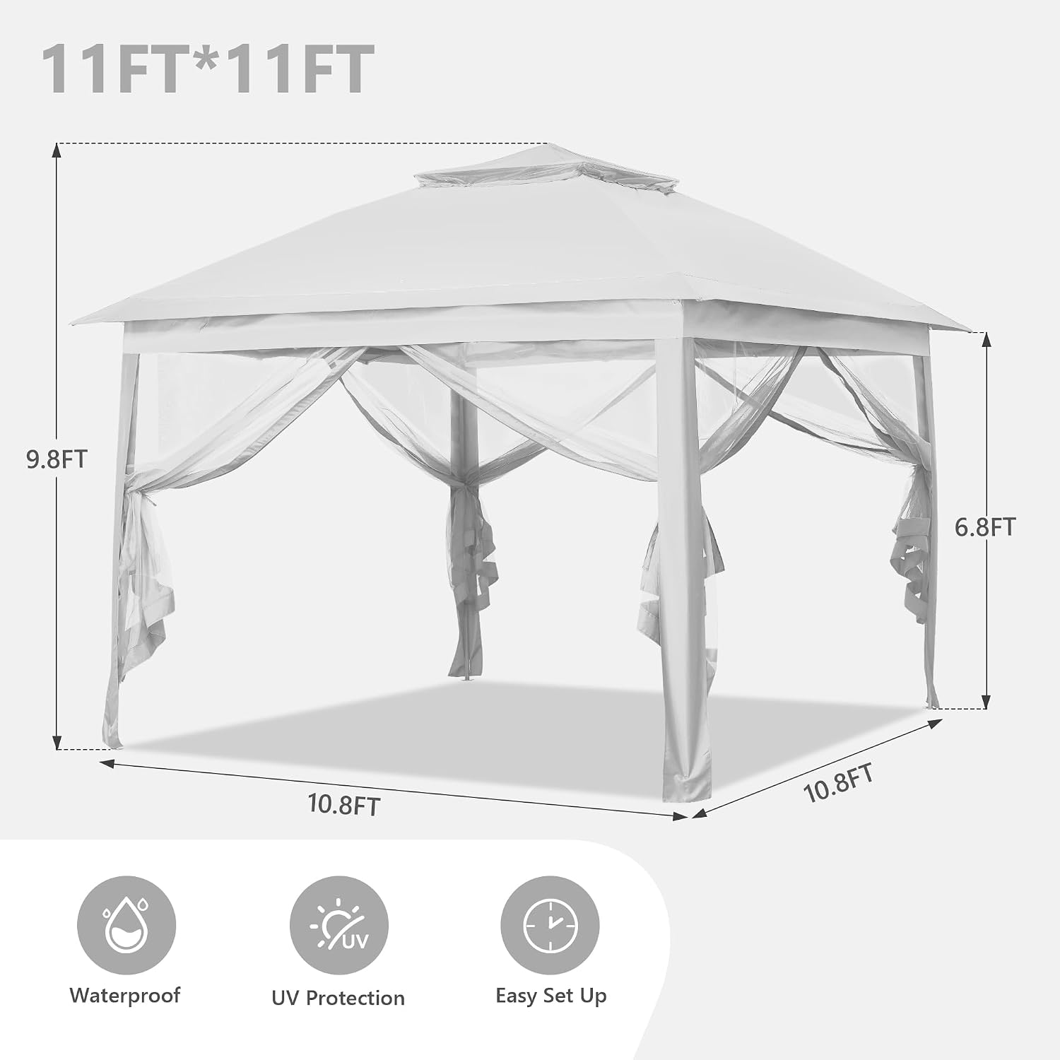 11x11 Pop Up Camping Shelters Tent, Outdoor Tent with Netting, Outdoor Shelters for Backyard, Screen House with Wheeled Cover Bag, White.