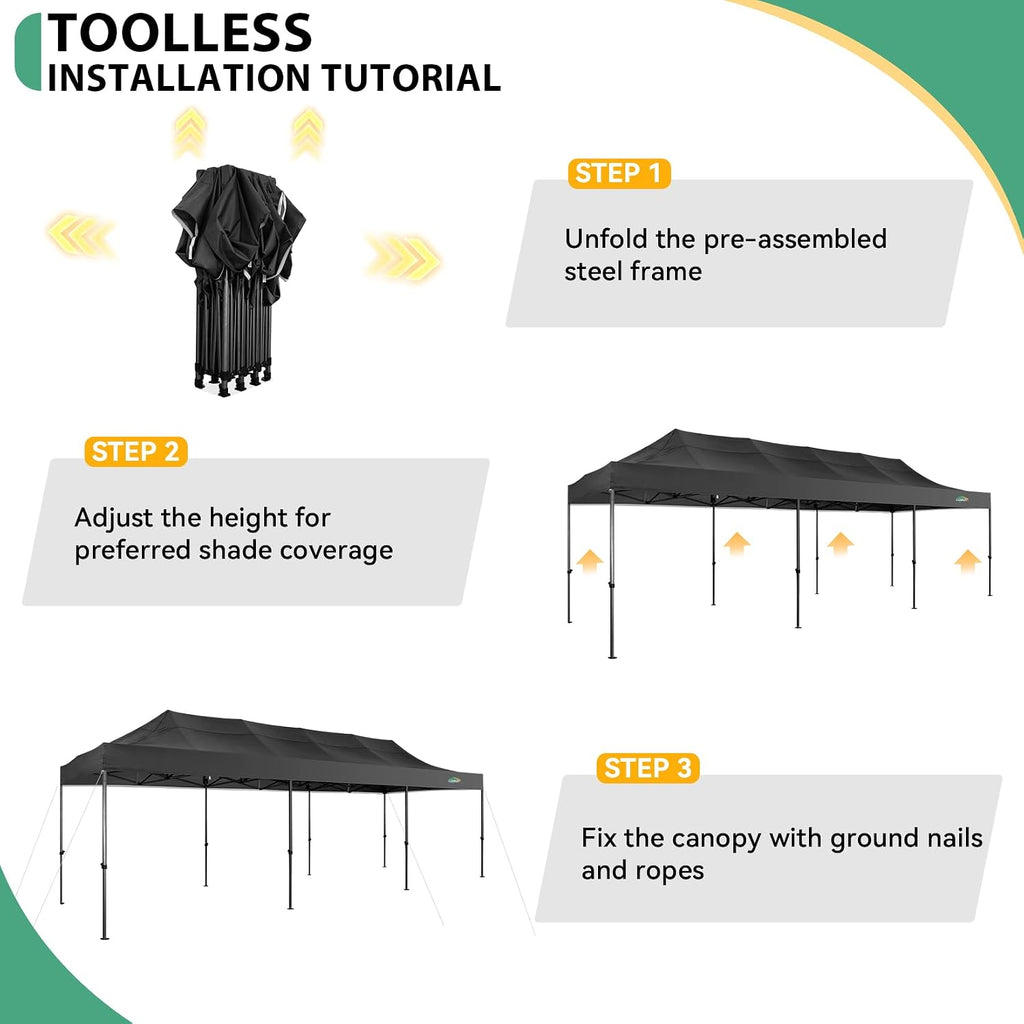 COBIZI 10x30 Heavy Duty Pop Up Canopy Tent with 8 Sidewalls Thicken Frame, Commercial Easy Up Outdoor Wedding Party Tents, All Season Waterproof Windproof with Stakes Sandbags Ropes Roller Bag, Black