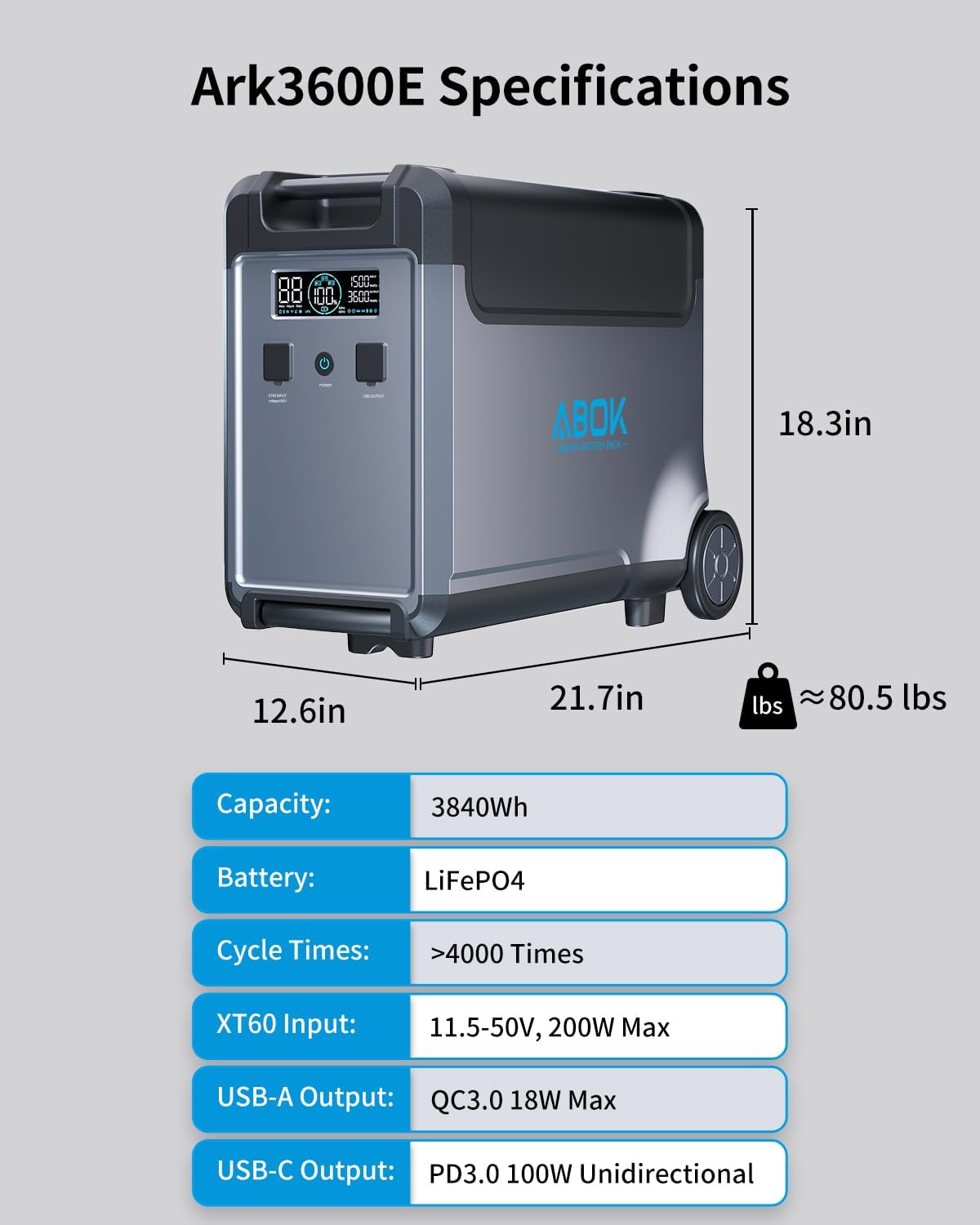 ABOK Ark3600 Portable Power Station Extra Battery for Ark3600, 3840Wh LiFePO4 Battery Electric Solar Generator for Garage, Home, Off-Grid Living,Car Refrigerator, Portable Air Conditioner