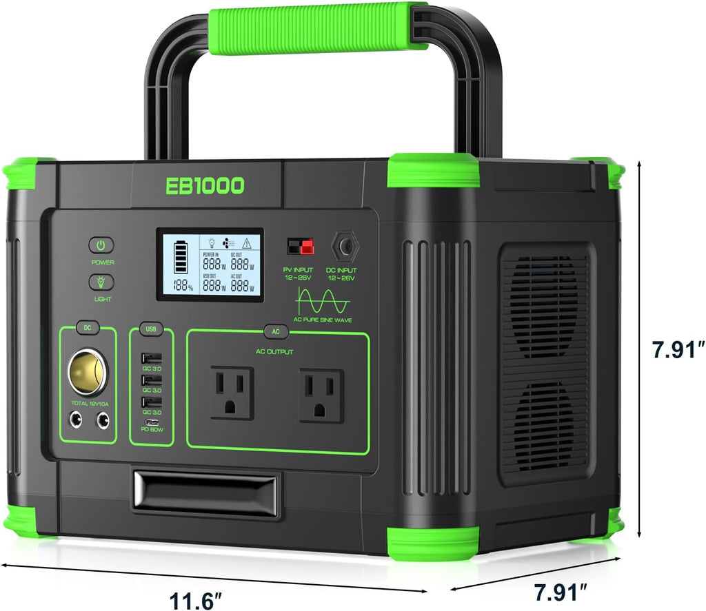 Portable Power Station 1000W, 999Wh Solar Powered Generator with 110V AC Outlet, PD 60W Fast Charging Backup Lithium Battery Pack Power Supply for Outdoor Home Camping Travel Emergency RV Van