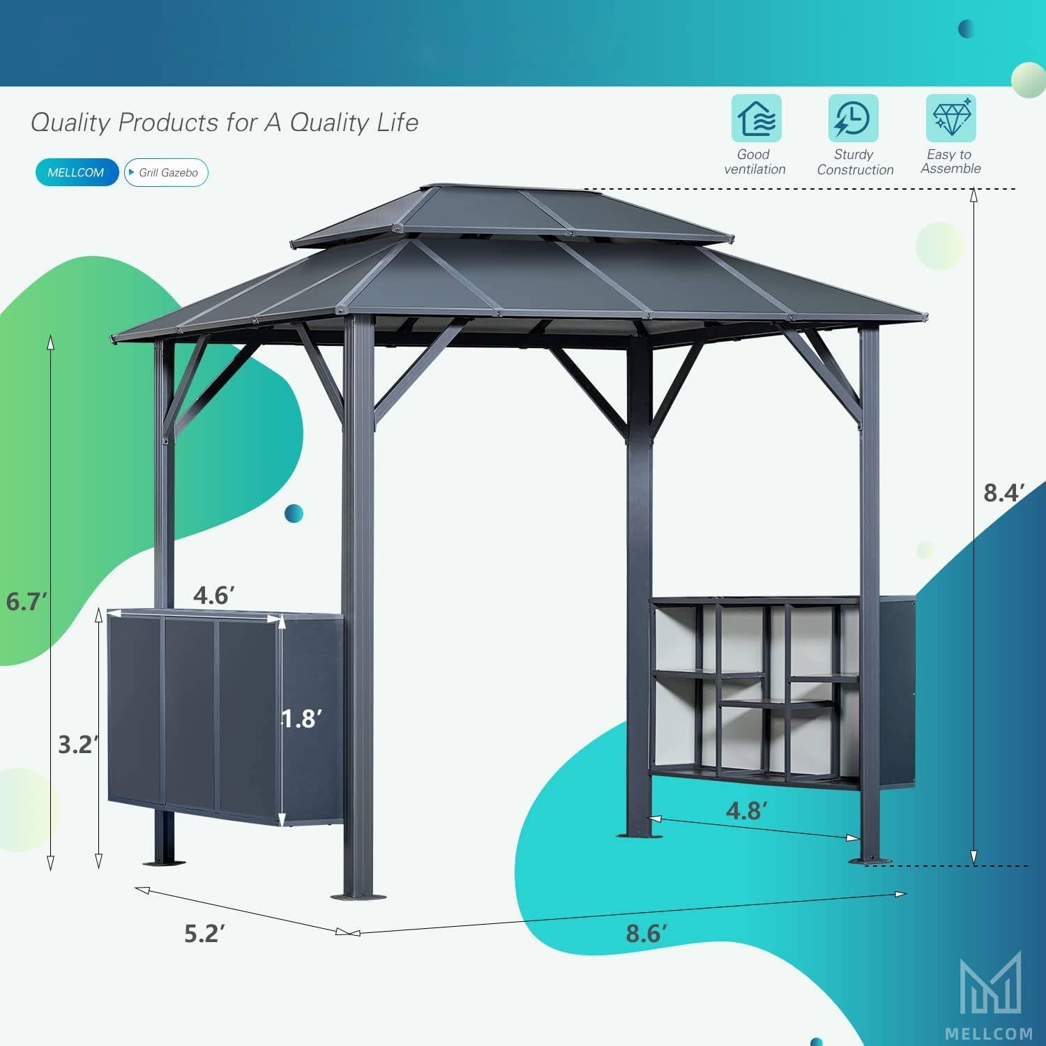 MELLCOM Grill Gazebo 8 x 6 FT Permanent Outdoor Aluminum Patio Gazebo with Aluminum Composite Double Roof for Patio Lawn and Garden with Ceiling Hooks and Shelves