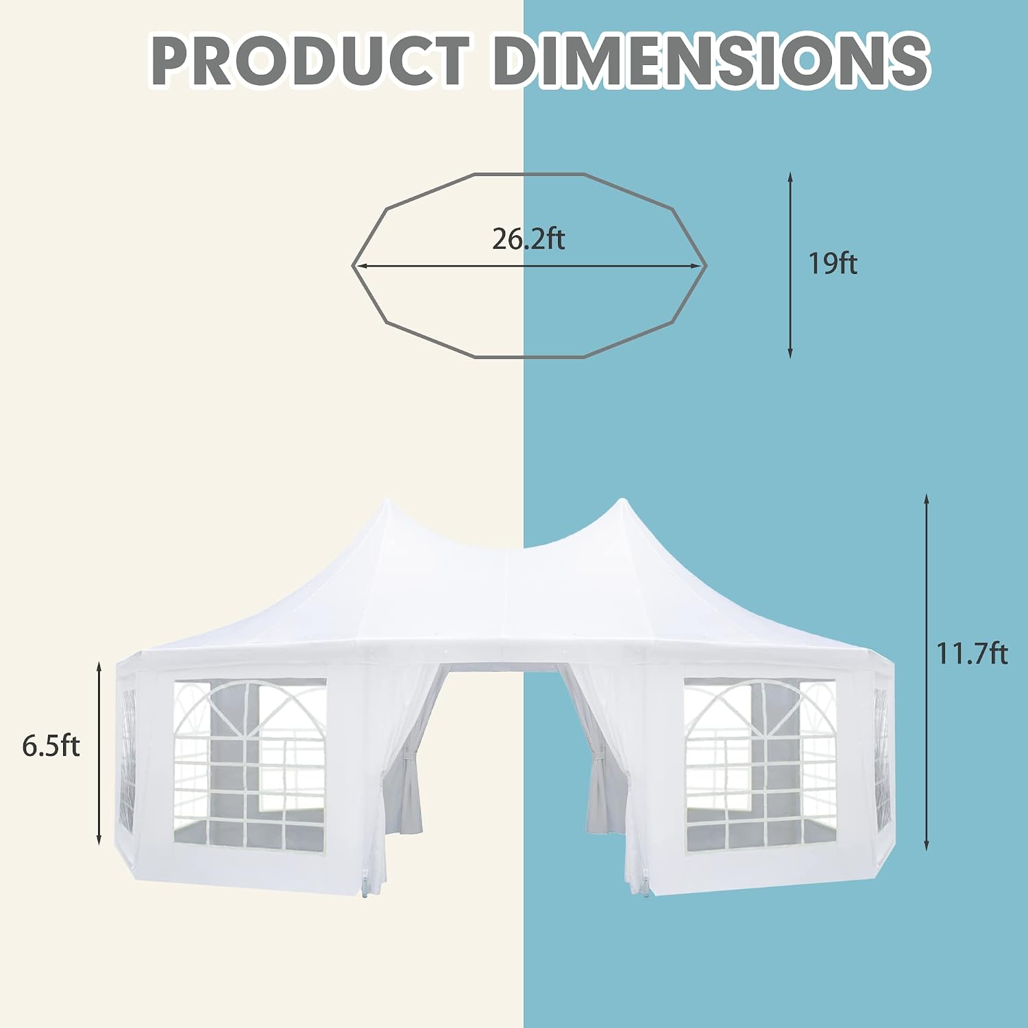 EROMMY 26'x19' Party Tent, White Wedding, Decagonal Heavy Duty Canopy with 8 Removable Sidewalls, 8 Church Windows and 2 Pull-Back Doors, Outdoor Gazebo Pavilion for Party, Wedding, Event