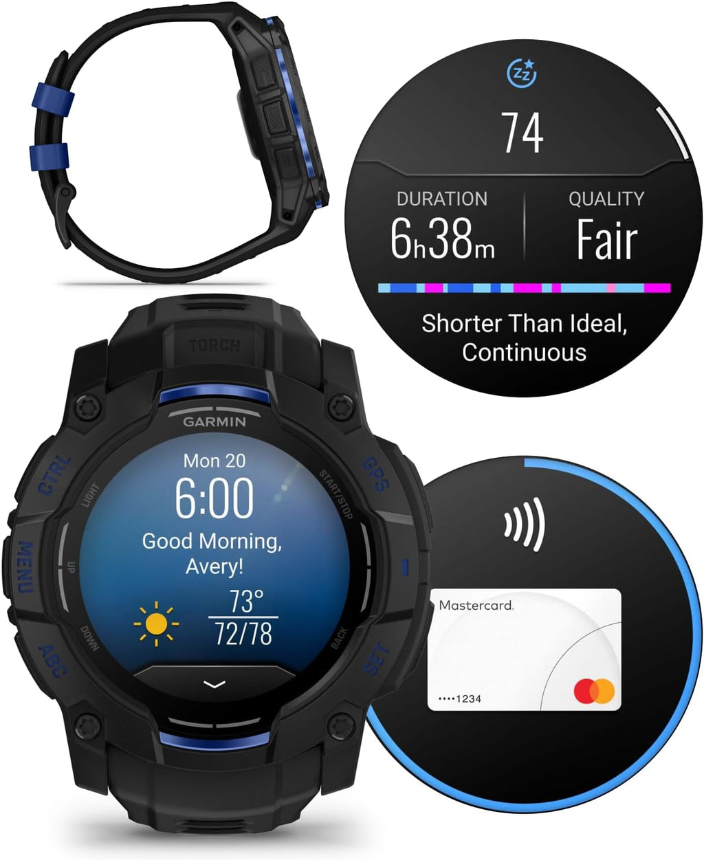 Garmin Instinct 3 Rugged Outdoor GPS Smartwatch - 50 mm AMOLED, Supernova Collection, Limited Edition, Health & Fitness Tracking, Built-in Flashlight, Black/Bolt Blue w/Wearable4U Black EarBuds Bundle