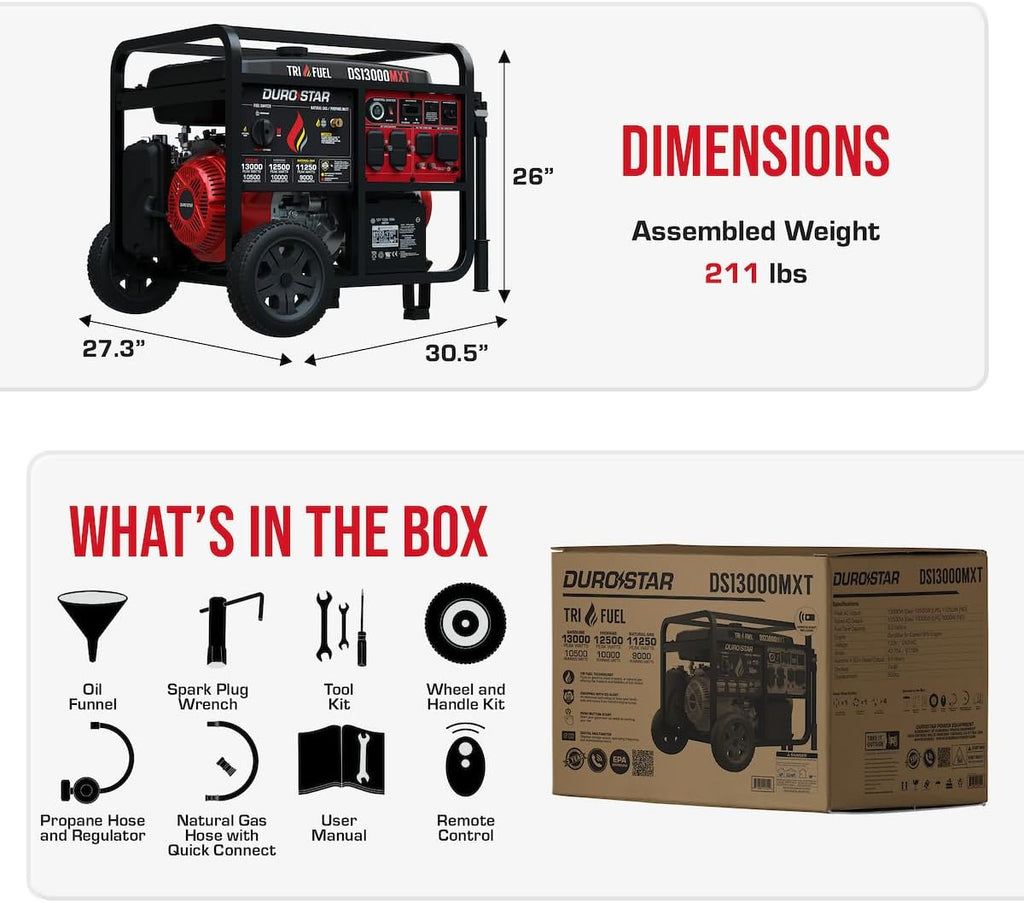 DuroStar DS13000MXT 13,000-Watt 500cc Tri Fuel Portable Generator - Gas, Propane & Natural Gas, Remote Electric Start, Whole Home Power Backup, Transfer Switch Ready, RV & Emergency Ready