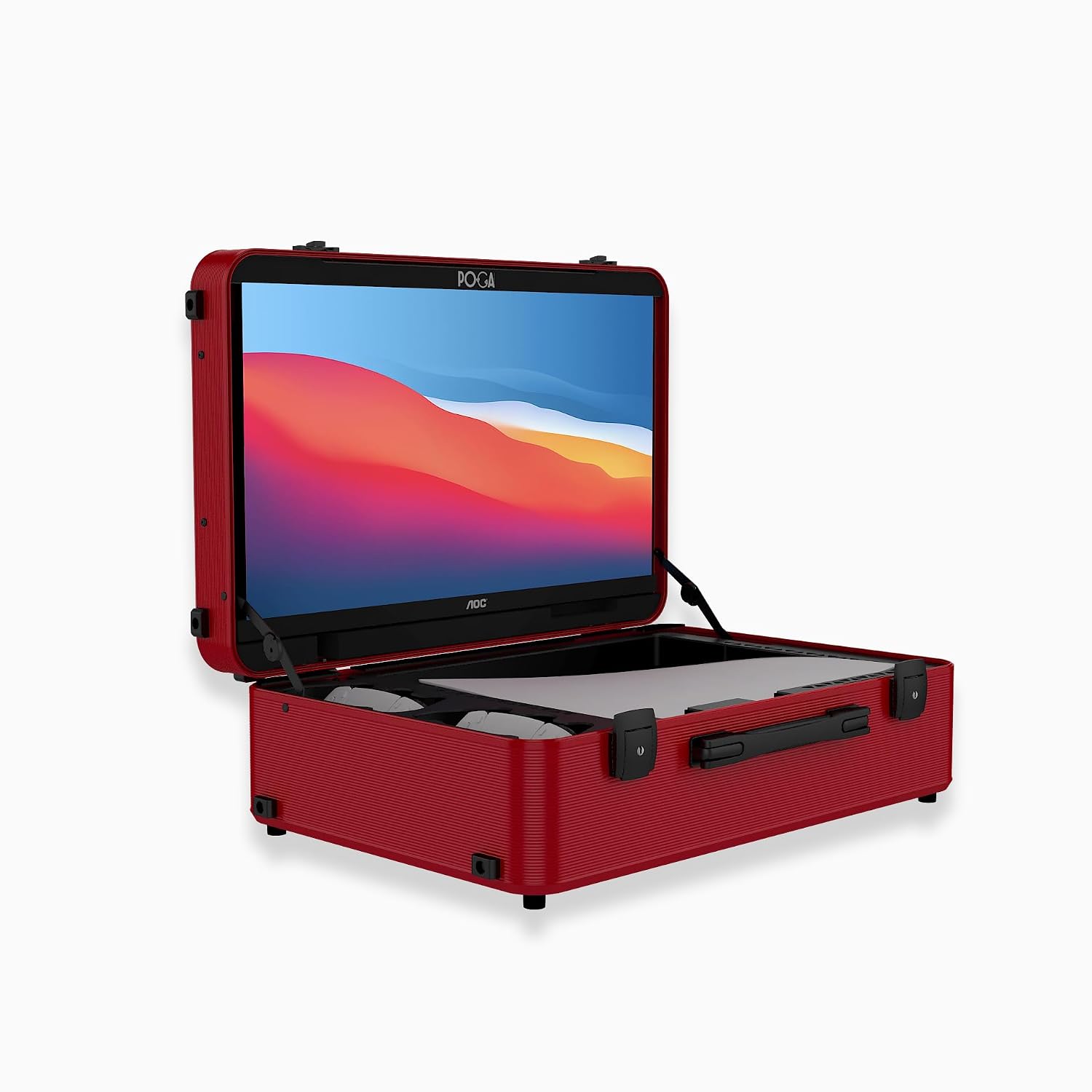 POGA LUX Compatible with PlayStation 5 Premium Portable Console Travel Case incl. Trolley and 24'' AOC Gaming Monitor - (V3 - Bluetooth Speaker Optional) Red