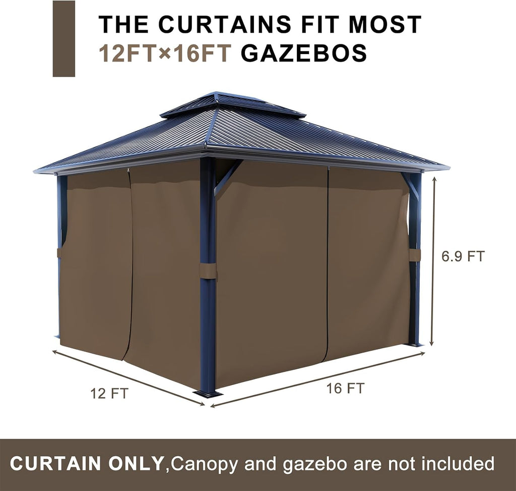 BPS 12' x 16' Gazebo Privacy Curtains with Double Zipper, 4-Panels Side Wall Universal Gazebo Side Panels Replacement for Patio, Outdoor Canopy, Garden and Backyard (Curtain Only)