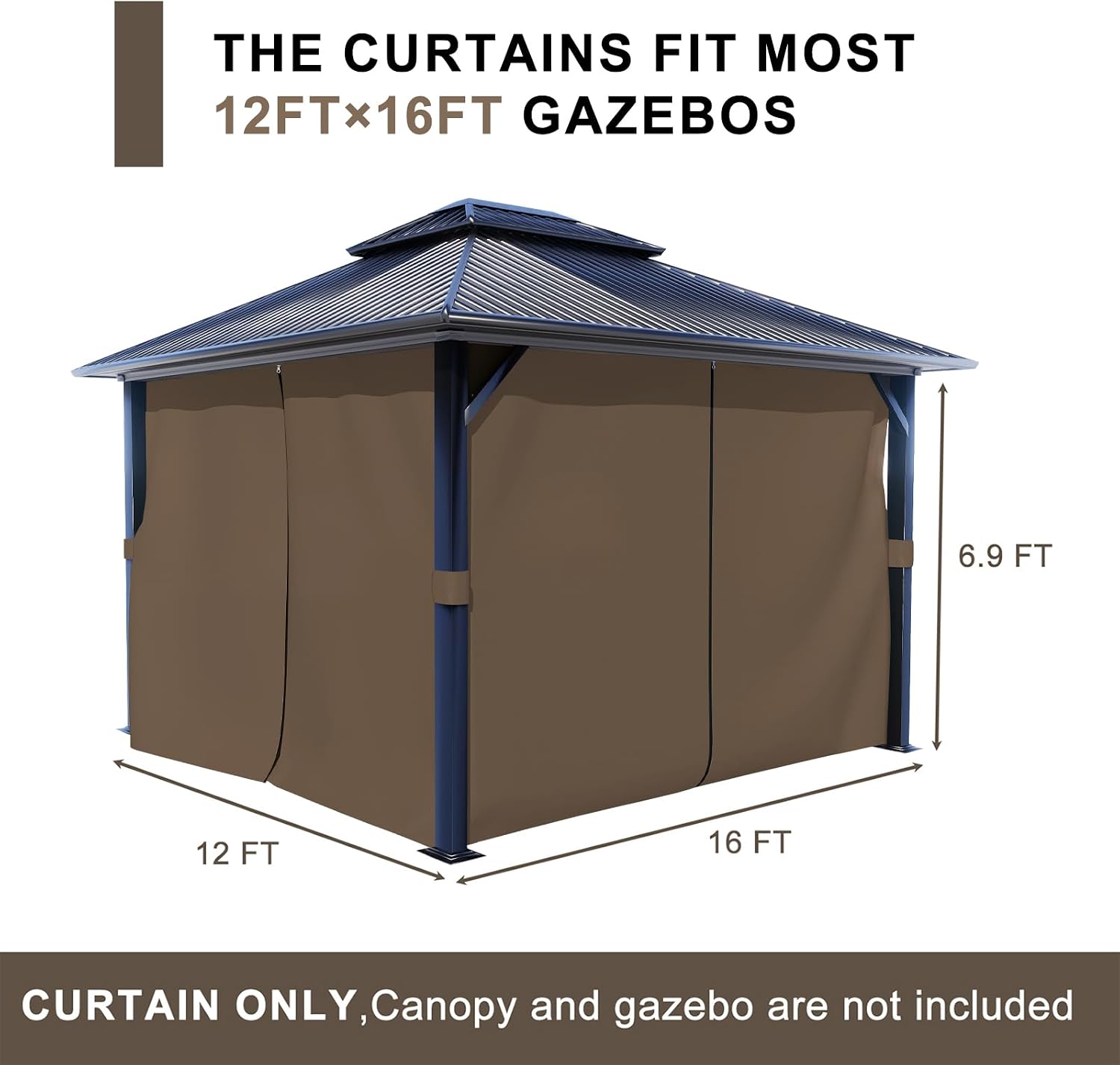 BPS 12' x 16' Gazebo Privacy Curtains with Double Zipper, 4-Panels Side Wall Universal Gazebo Side Panels Replacement for Patio, Outdoor Canopy, Garden and Backyard (Curtain Only)