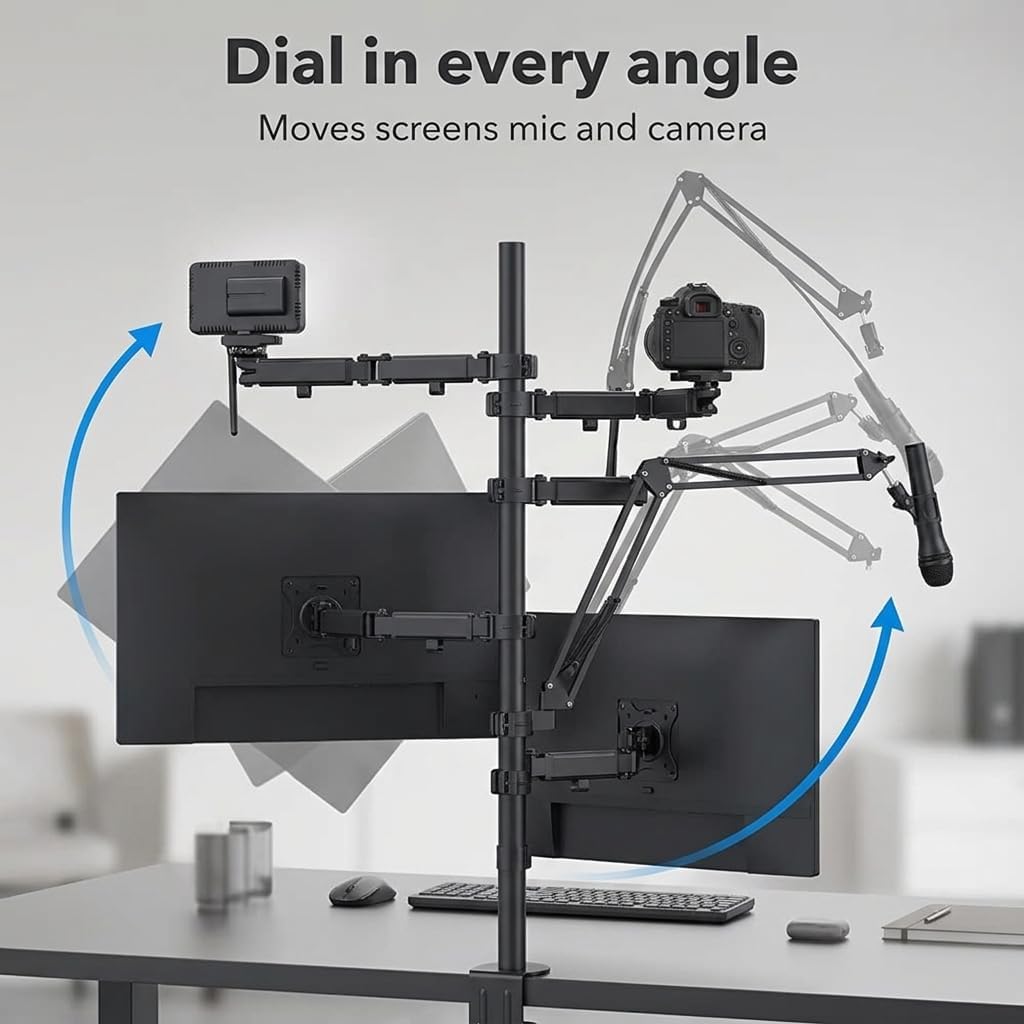 Mount-It! All in One Live Streaming Equipment - 5 Arm Desk Mount - Holds Dual Monitors, Cameras, Ring Light with Mic Desktop Stand Set, YouTube Setup for Podcasting, Gaming, Zoom, Clamp/Grommet Base