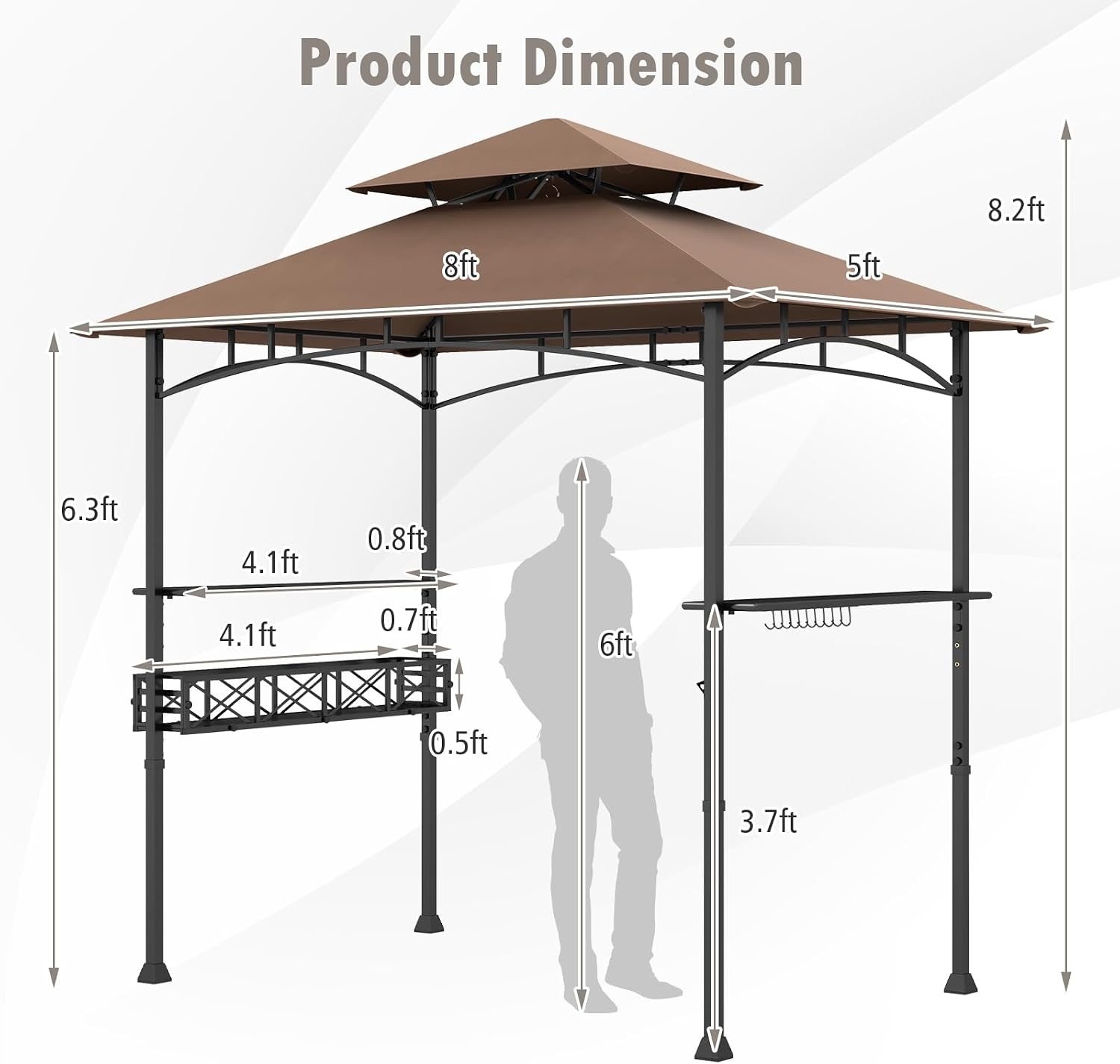 HAPPYGRILL 8 x 5 FT BBQ Grill Gazebo with 2 Side Shelves, Storage Basket, Hanging Hooks, Bottle Opener, Double-Tiered Top, Metal Frame, Outdoor Barbecue Canopy, Grilling Shelter for Patio Garden Yard
