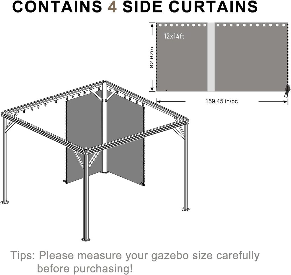 BPS 12' x 14' Gazebo Privacy Curtains with Double Zipper, 4-Panels Side Wall Universal Gazebo Side Panels Replacement for Patio, Outdoor Canopy, Garden and Backyard (Curtain Only)