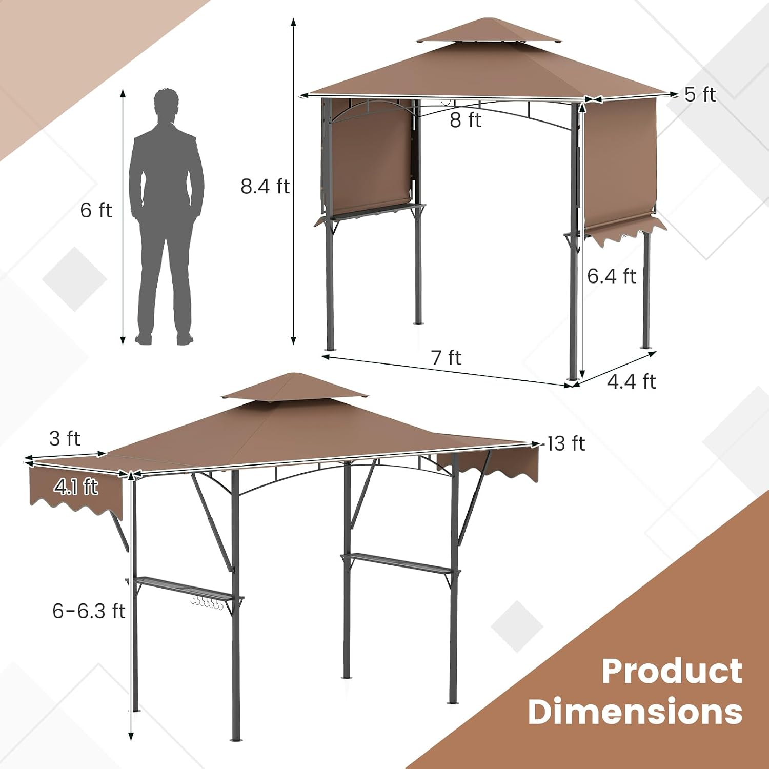 Tangkula 13x5 Ft Grill Gazebo with Dual Side Awnings, 2-Tier Barbecue Gazebo with 2 Shelves, 7 Hooks, Adjustable Shadow, Outdoor Grill Canopy for Backyard Garden Poolside (Coffee)