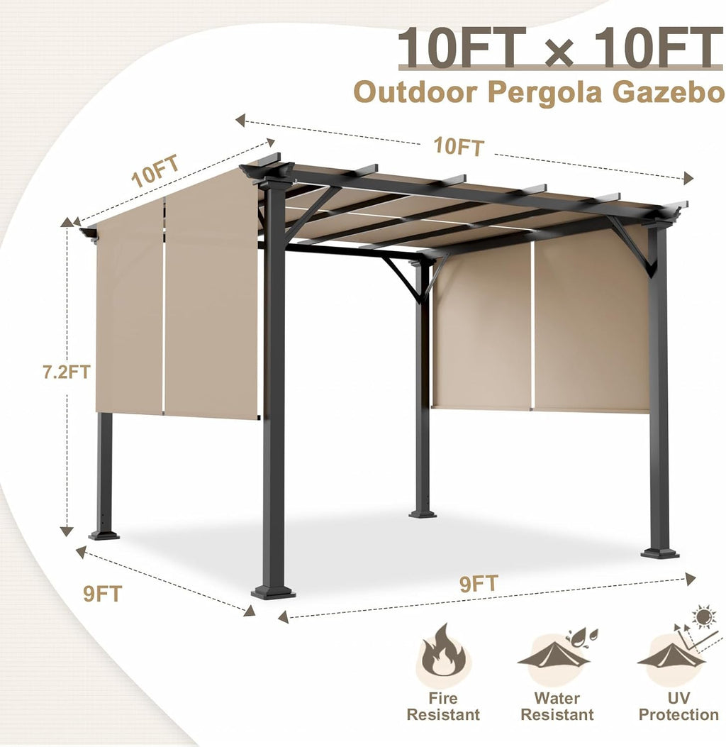 EAGLE PEAK 10x10 Outdoor Gazebo Pergola with Retractable Sun Shade Top for Patio, Garden, Backyard, Steel Frame, Beige