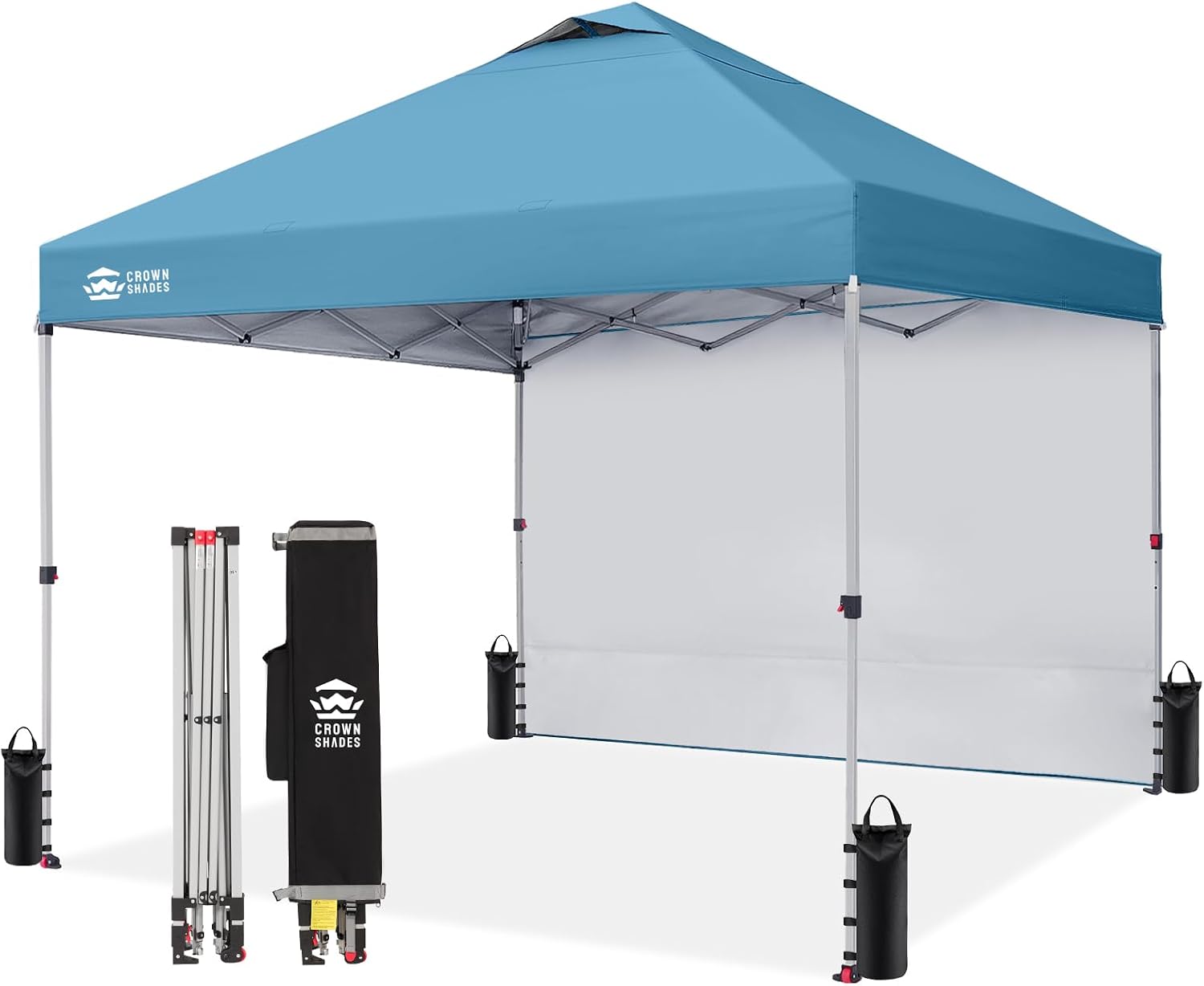 CROWN SHADES 10x10 Pop Up Canopy with 1 Side Wall - Beach Tent with One Push Setup - Outdoor Sun Shade for Events, Parties, Camping - Gazebo with STO-N-Go Cover Bag (Cyan Blue)