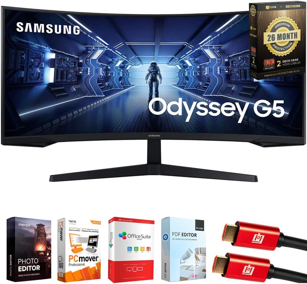 Samsung 34' Odyssey G55T WQHD 165Hz 1ms(MPRT) HDR Curved Gaming Monitor Bundle with Tech Smart USA Elite Suite 18, 2X HDMI Cable & Deco Gear CPS Exclusive 26 Month Protection Pack (BEACH-CPS-26M1000)