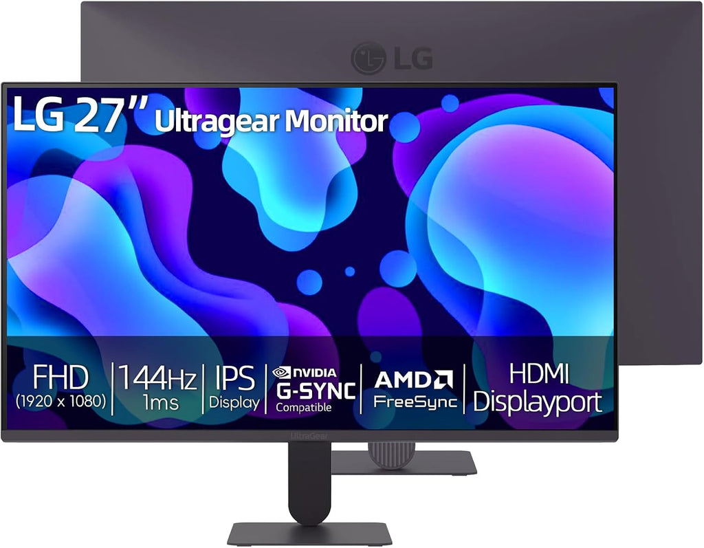 LG 27 inch Ultragear Gaming Monitor, Full HD IPS Display, 144Hz Overclocked Refresh Rate, 1ms MBR, NVIDIA G-Sync Compatible, AMD FreeSync, HDR10, sRGB 99%, HDMI, DisplayPort, Tilt Adjustable, Black