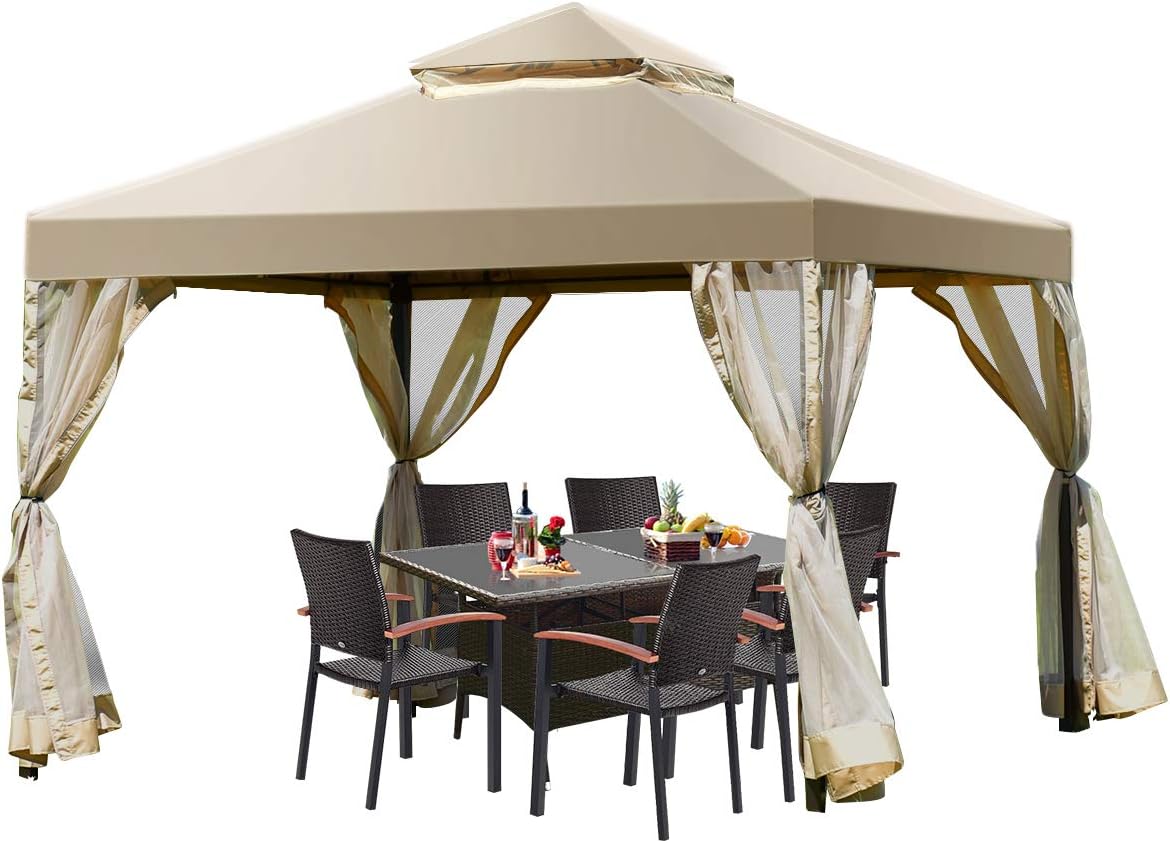 Tangkula 2-Tier 10x10Feet Patio Gazebo, Outdoor Patio Fully Enclosed Gazebo Canopy Tent w/Netting, Outdoor Gazebo Canopy Shelter for Backyard, Garden, Deck