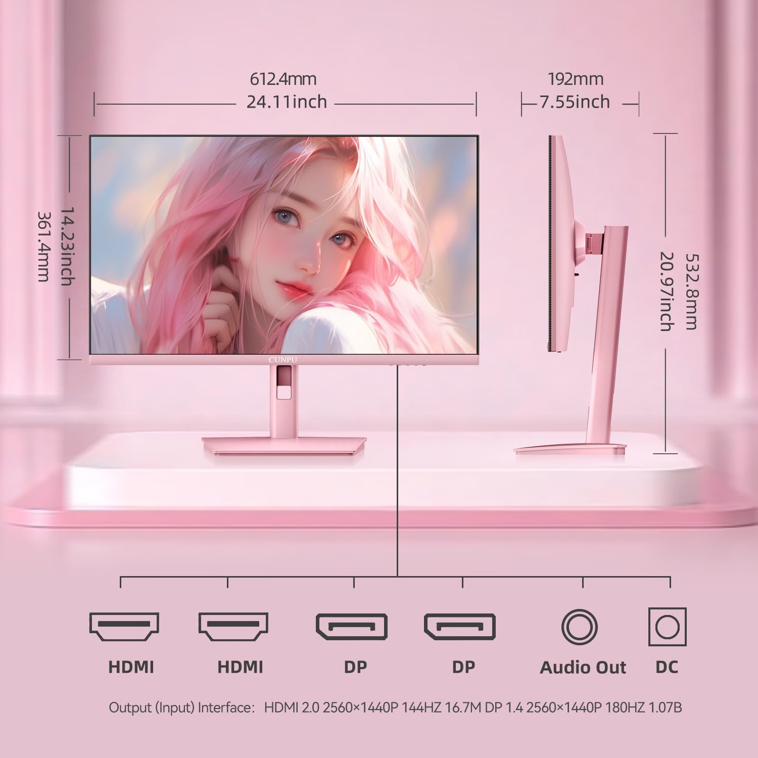 CUNPU 27 Inch Pastel Pink Gaming Monitor QHD 2560x1440 180/200Hz 1ms GTG Fast IPS Computer Monitor, 90% DCI-P3, Adaptive Sync, Built in Speaker, Height/Swivel/Tilt/Pivot Adjustable Stand, HDMI,DP