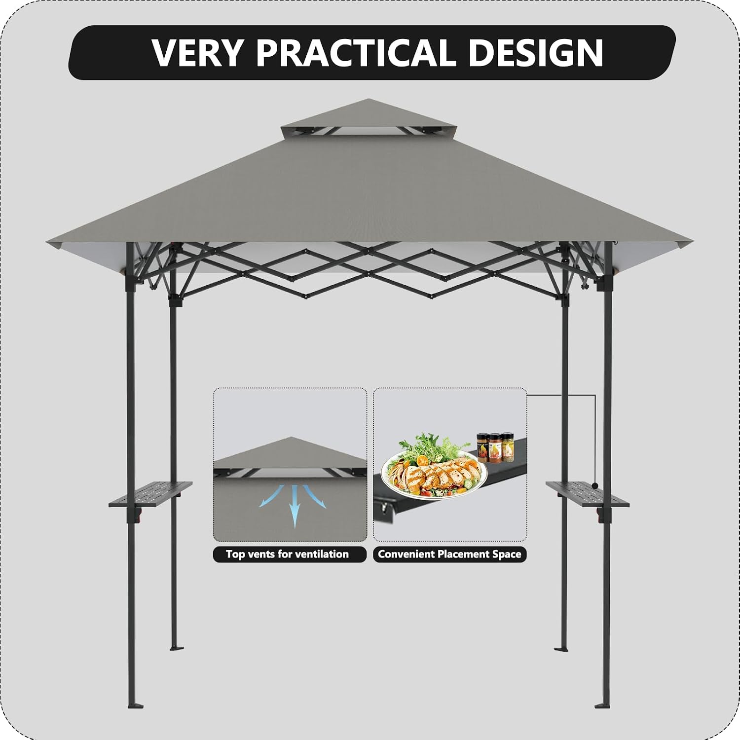Turtle Life 8'x5' Grill Gazebo - Pop Up Canopy for BBQ and Backyard Patio - Easy Outdoor Barbecue Shade Cover with Double Tier Vented Top & 2 Side Shelves (Drak Gray)