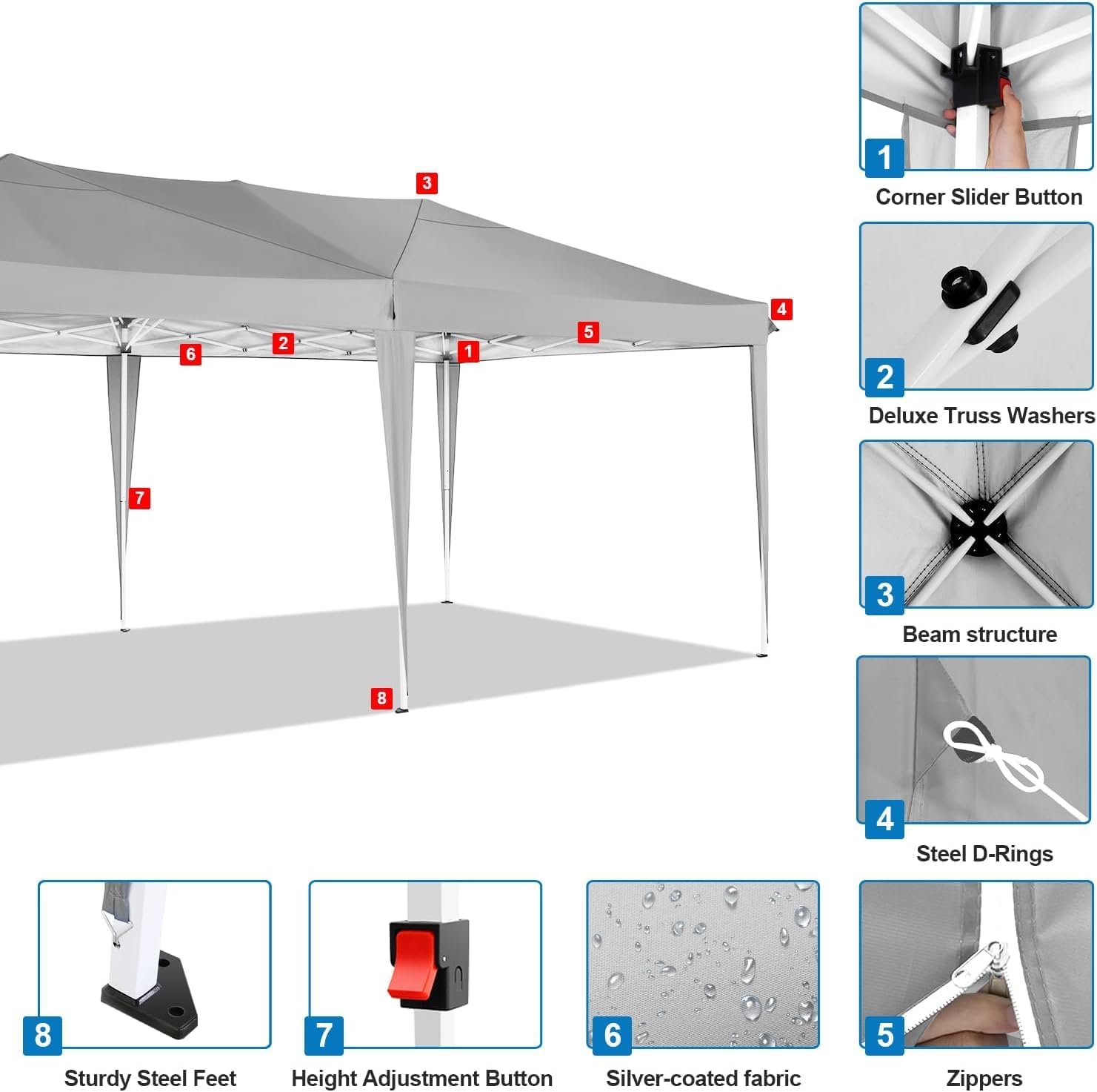 COBIZI 10x20 Pop Up Canopy Tent with 6 Sidewalls Party Tents for Parties Weddings Backyard Waterproof Commercial Instant Outdoor Events Tent with Stakes, Ropes（10 x 20 ft Gray