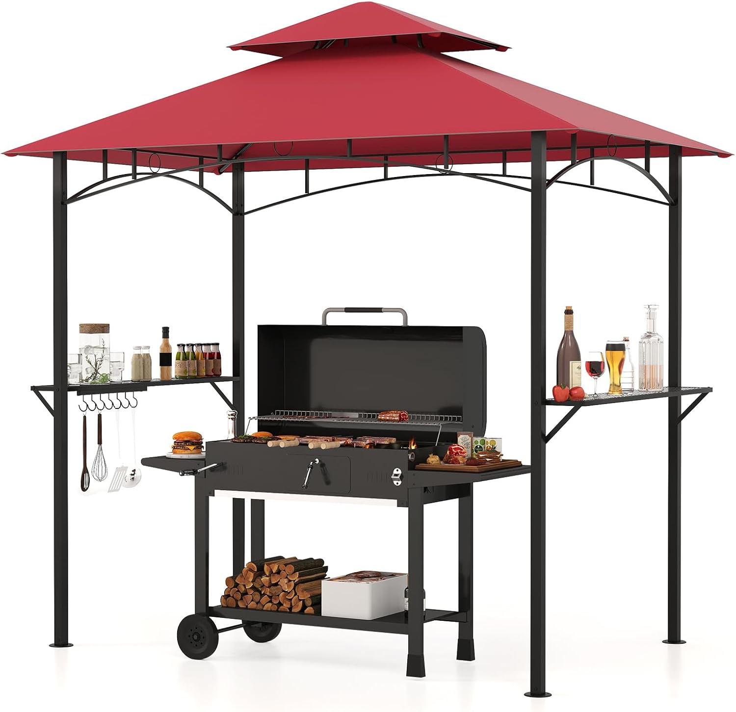 Tangkula 8x5 Ft Grill Gazebo, 2-Tier Barbecue Gazebo with 2 Shelves, 7 Hooks, Metal Frame, Outdoor Grill Canopy for Backyard Garden Poolside (Wine)
