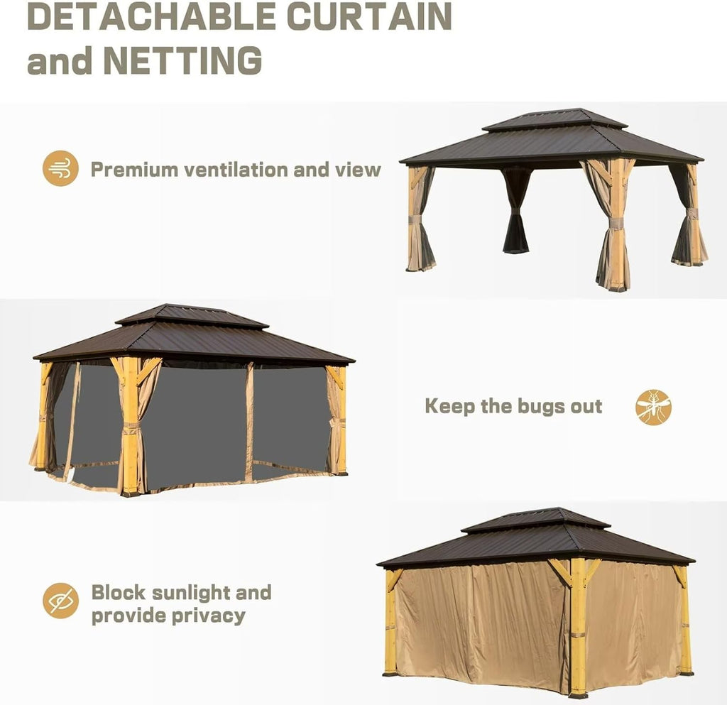 Domi 10'x14' Cedar Wood Gazebo with Double Roof Steel Hardtop,Solid Wood Frame Gazebo,Curtains and Netting Included for Garden, Backyard