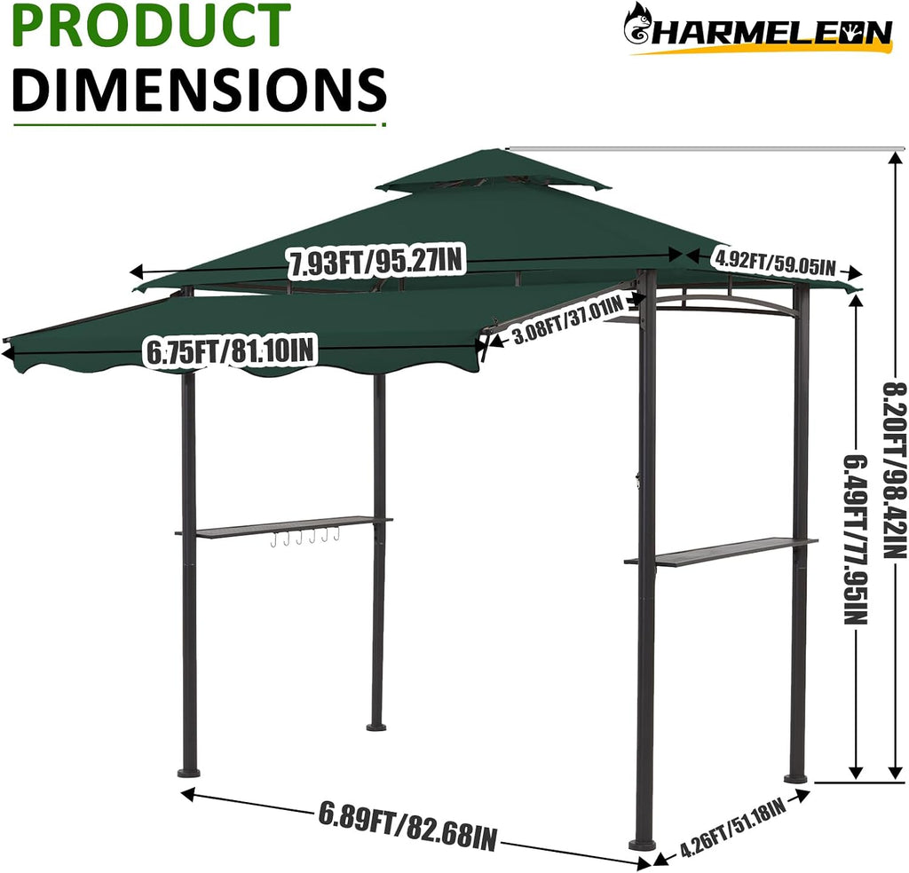CHARMELEON 8x8 FT Grill Gazebo, Grill Canopy with Big Awning&2 Side Shelves&6 Hooks&Bottle Opener, Powder-Coated Steel BBQ Shelter for Patio Backyard Outdoor Grilling-Green