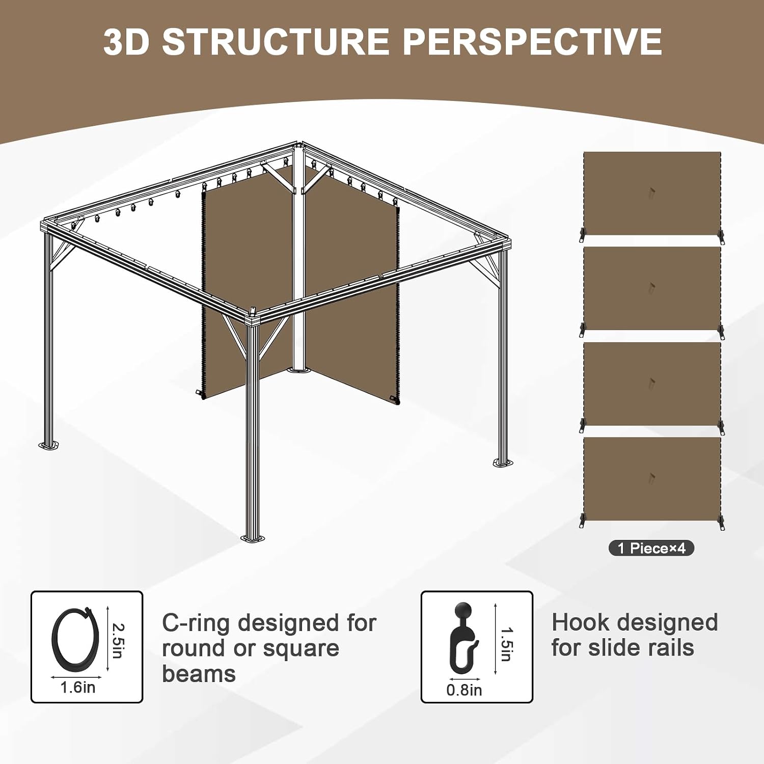 Aoodor 12x16 ft Outdoor Gazebo Curtains, 4 Panels Waterproof Privacy Sidewall Replacement with Zipper for Patio Pergola and Canopy, Light Coffee