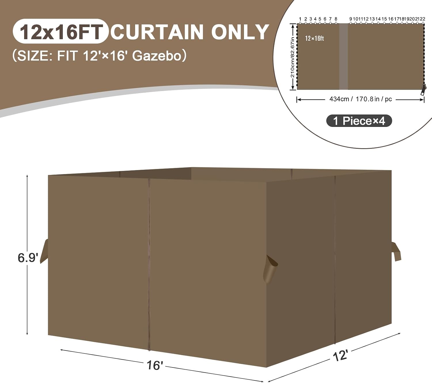Aoodor 12x16 ft Outdoor Gazebo Curtains, 4 Panels Waterproof Privacy Sidewall Replacement with Zipper for Patio Pergola and Canopy, Light Coffee