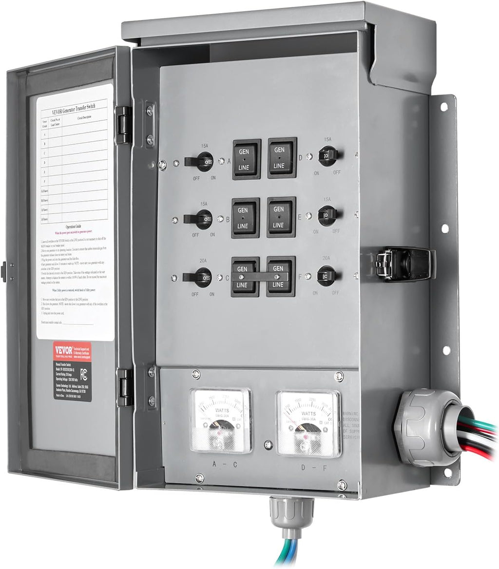 VEVOR Manual Transfer, 30-Amp 6-Circuit, Prewired Generator Transfer Kit with NEMA L14-30P Power Inlet Box, Double-Throw, NEMA 3R, Mechanical Watt Meter, for 7500W Generators