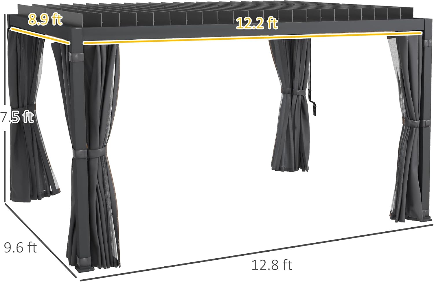 Outsunny 10 x 13 ft. Louvered Pergola Hardtop Gazebo with Adjustable Aluminum Roof and Frame, Outdoor Pergola with Curtains and Netting, for Garden, Lawn, Backyard, and Deck, Dark Gray