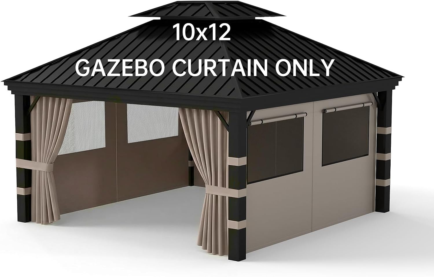 10'x12' Gazebo Curtains Outdoor Waterproof, 4-Panels Privacy Replacement Curtains with Net Windows & Zipper, Universal Sidewall Replacement for Garden, Patio, Backyard (Curtain Only, Brown)