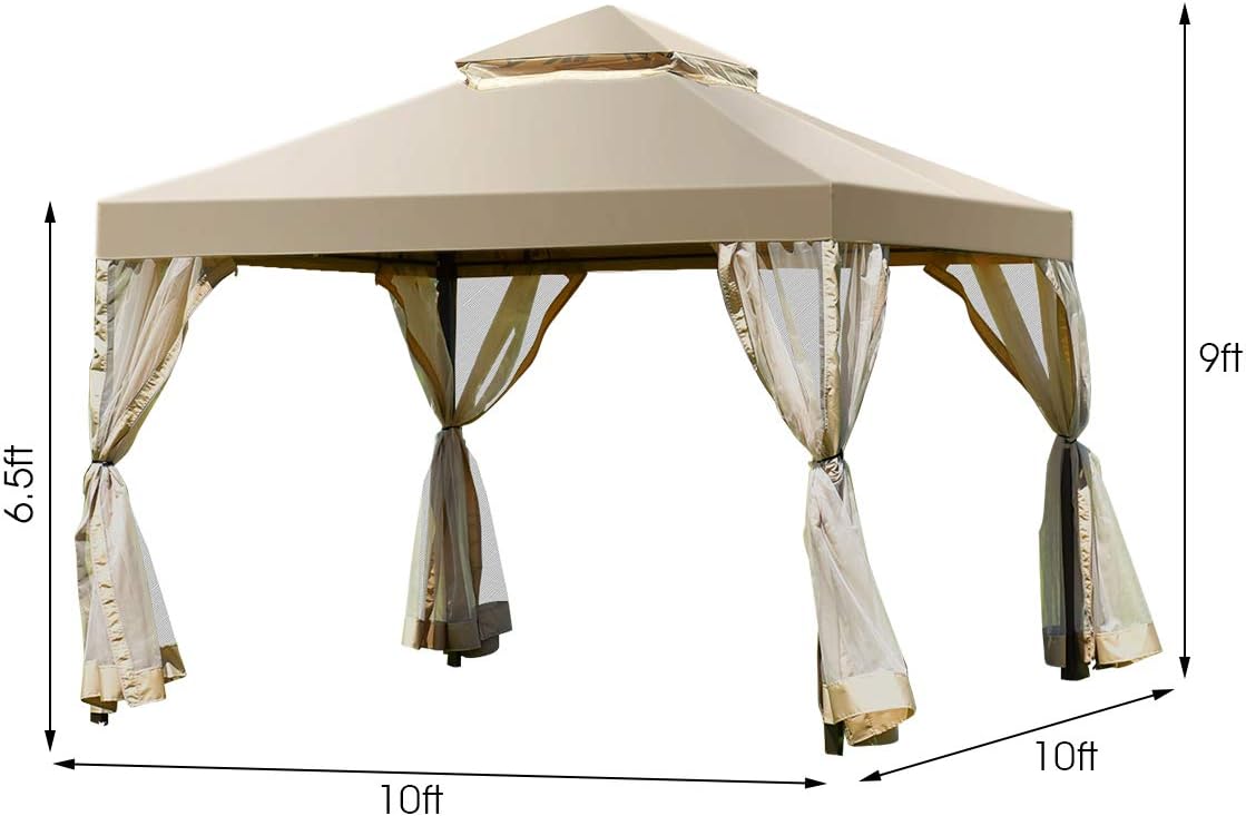 Tangkula 2-Tier 10x10Feet Patio Gazebo, Outdoor Patio Fully Enclosed Gazebo Canopy Tent w/Netting, Outdoor Gazebo Canopy Shelter for Backyard, Garden, Deck