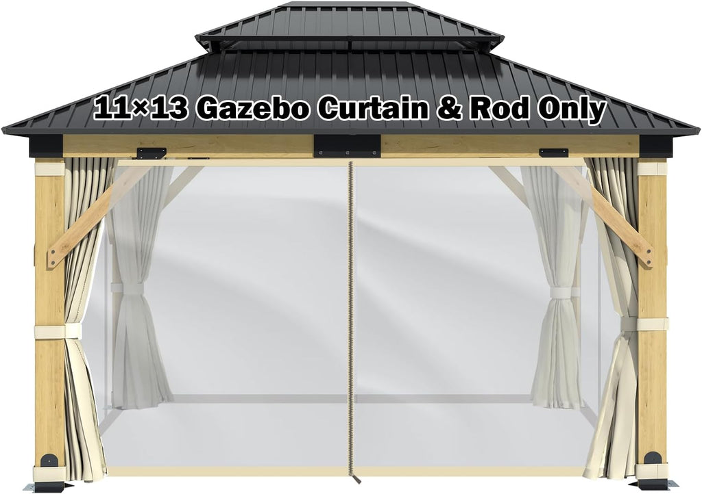 GARTOO 11' x 13' Hardtop Gazebo Curtains & Rod Part - Outdoor Wooden Hardtop Patio Gazebo Canopy Netting Walls with Zipper, Breathable Mesh and Privacy Curtain