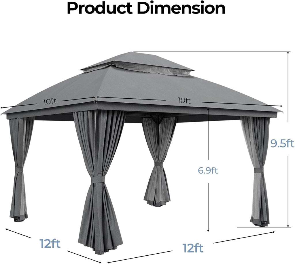 LuxaDomus Outdoor Gazebo 10'×10' for Patio, Metal Frame Canopy with Double Roofs, Heavy Duty Party Tent with Mosquito Netting and Curtains for Backyard, Garden, Lawn and Deck, Grey
