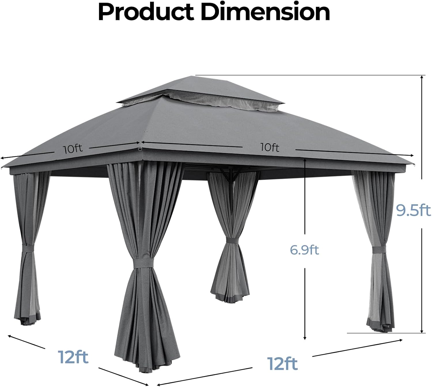 LuxaDomus Outdoor Gazebo 10'×10' for Patio, Metal Frame Canopy with Double Roofs, Heavy Duty Party Tent with Mosquito Netting and Curtains for Backyard, Garden, Lawn and Deck, Grey