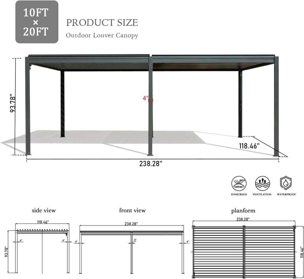 Domi Louvered Pergola 10×20 FT, Outdoor Aluminum Pergola with Adjustable Rainproof Roof and Drainage System, Metal Pergola Gazebo for Patio, Deck, Backyard, Grey