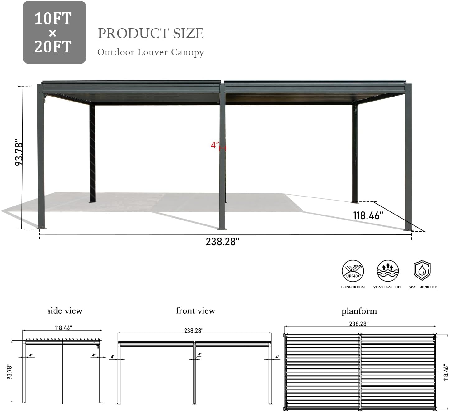 Domi Louvered Pergola 10×20 FT, Outdoor Aluminum Pergola with Adjustable Rainproof Roof and Drainage System, Metal Pergola Gazebo for Patio, Deck, Backyard, Grey