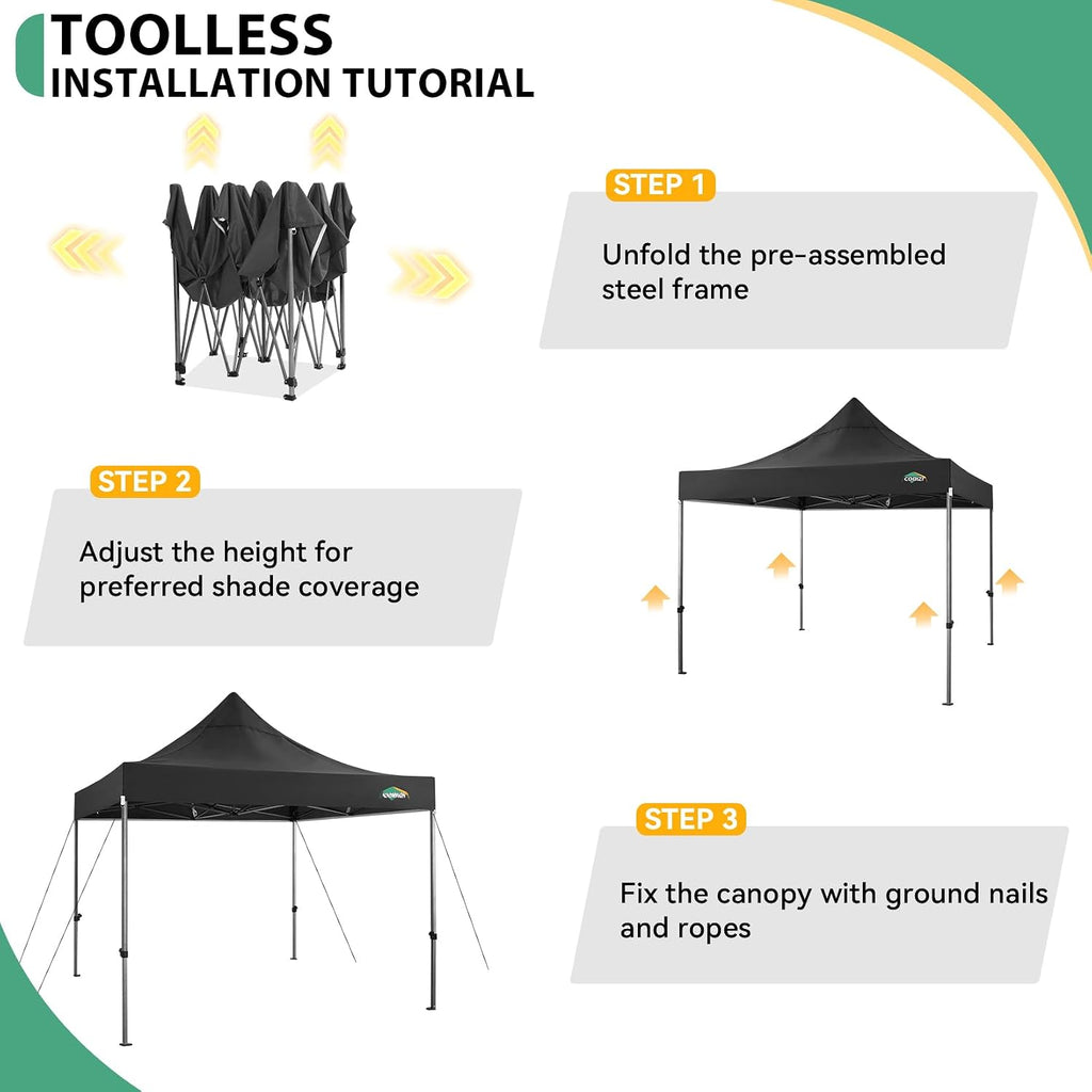 COBIZI 10x10 Heavy Duty Pop Up Canopy Tent with 4 Sidewalls Thicken Frame, Commercial Easy Up Outdoor Wedding Party Tents, All Season Waterproof Windproof with Stakes Sandbags Ropes Roller Bag, Black