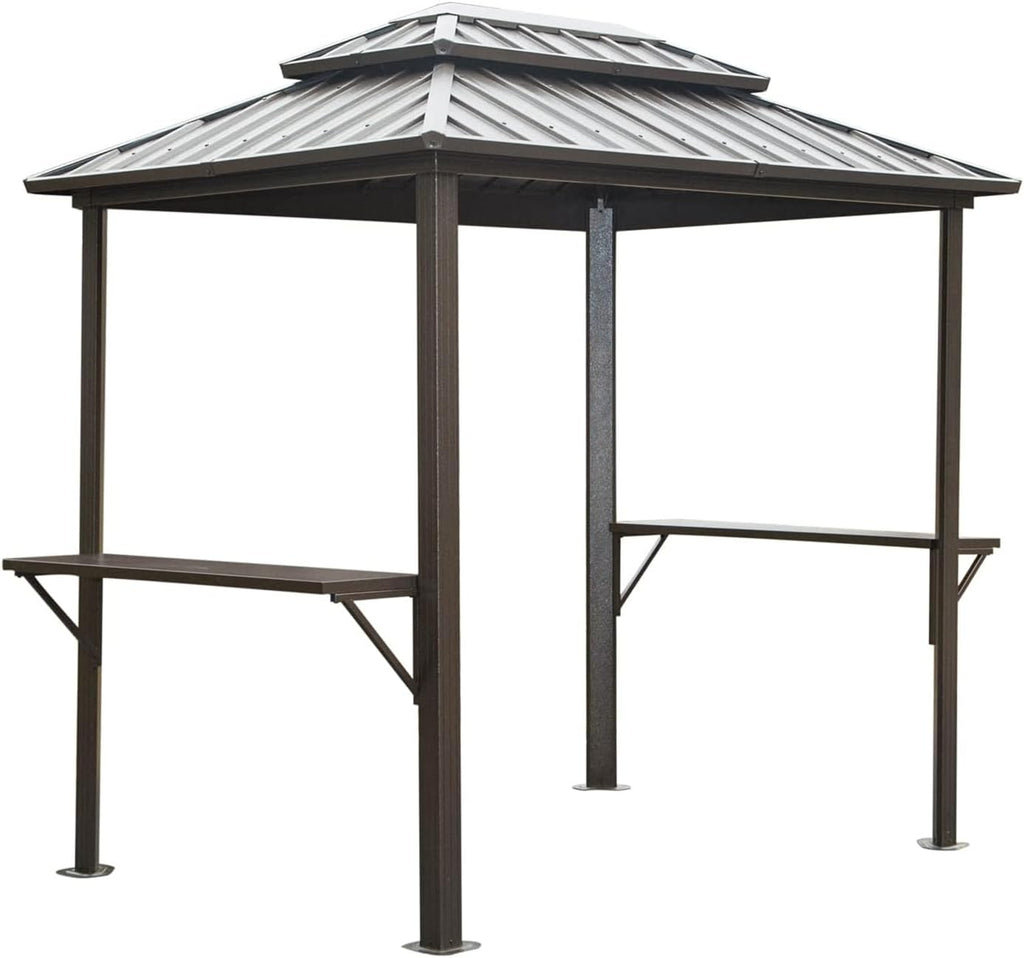 8' x 6' Hardtop Grill Gazebo, Aluminum BBQ Shelter with Double Steel Roof & 2 Shelves, Outdoor Metal Gazebo for Patio, Lawn, Deck, Backyard, Brown