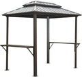8' x 6' Hardtop Grill Gazebo, Aluminum BBQ Shelter with Double Steel Roof & 2 Shelves, Outdoor Metal Gazebo for Patio, Lawn, Deck, Backyard, Brown