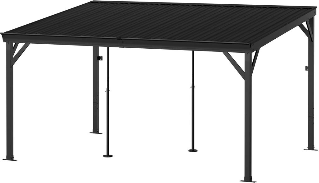 MUPATER 10'x 14' Wall-Mounted Gazebo, Outdoor Pergola Gazebo with Gutter, Lean to Gazebo with Adjustable Support Posts, Heavy Duty Awnings for Patio, Deck, Porch and Backyard